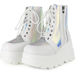 image:imagemikarka Holographic Platform Boots for Women Lace Up Ankle Studded Buckle Goth Stacked Wedge Combat Ankle BootsZipper Wedgewhite