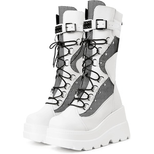 image:imagemikarka Womens Holographic Platform Mid Calf Combat Boots Lace Up Wedge Heel Studded Goth Knee High BootsDustwhite