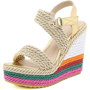image:imagemikarka Womens Wedge Sandals With Candy Color Ankle Buckle Strap Platform Sandals Chunky High Heels Summer Shoes1gold