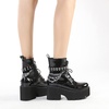image:imagemikarka Womens Chain Platform Boots Lace Up amp Zipper Chunky Heel Black Combat Ankle Booties Fashion Studded Motorcycle Boots10black