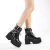 image:imagemikarka Womens Chain Platform Boots Lace Up amp Zipper Chunky Heel Black Combat Ankle Booties Fashion Studded Motorcycle Boots10black