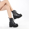 image:imagemikarka Womens Chain Platform Boots Lace Up amp Zipper Chunky Heel Black Combat Ankle Booties Fashion Studded Motorcycle Boots13black