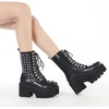 image:imagemikarka Womens Chain Platform Boots Lace Up amp Zipper Chunky Heel Black Combat Ankle Booties Fashion Studded Motorcycle Boots14black