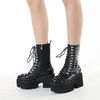 image:imagemikarka Womens Chain Platform Boots Lace Up amp Zipper Chunky Heel Black Combat Ankle Booties Fashion Studded Motorcycle Boots14black