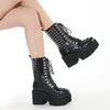image:imagemikarka Womens Chain Platform Boots Lace Up amp Zipper Chunky Heel Black Combat Ankle Booties Fashion Studded Motorcycle Boots14black
