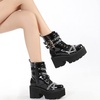 image:imagemikarka Womens Chain Platform Boots Lace Up amp Zipper Chunky Heel Black Combat Ankle Booties Fashion Studded Motorcycle Boots1black