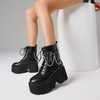 image:imagemikarka Womens Chain Platform Boots Lace Up amp Zipper Chunky Heel Black Combat Ankle Booties Fashion Studded Motorcycle Boots2black