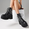 image:imagemikarka Womens Chain Platform Boots Lace Up amp Zipper Chunky Heel Black Combat Ankle Booties Fashion Studded Motorcycle Boots2black