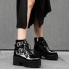 image:imagemikarka Womens Chain Platform Boots Lace Up amp Zipper Chunky Heel Black Combat Ankle Booties Fashion Studded Motorcycle Boots30black Patent
