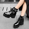 image:imagemikarka Womens Chain Platform Boots Lace Up amp Zipper Chunky Heel Black Combat Ankle Booties Fashion Studded Motorcycle Boots30black Patent
