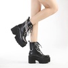 image:imagemikarka Womens Chain Platform Boots Lace Up amp Zipper Chunky Heel Black Combat Ankle Booties Fashion Studded Motorcycle Boots8black