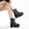 image:imagemikarka Womens Chain Platform Boots Lace Up amp Zipper Chunky Heel Black Combat Ankle Booties Fashion Studded Motorcycle Boots9black