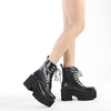 image:imagemikarka Womens Chain Platform Boots Lace Up amp Zipper Chunky Heel Black Combat Ankle Booties Fashion Studded Motorcycle Boots9black