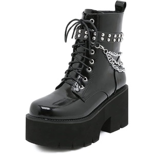 image:imagemikarka Womens Chain Platform Boots Lace Up amp Zipper Chunky Heel Black Combat Ankle Booties Fashion Studded Motorcycle Boots10black
