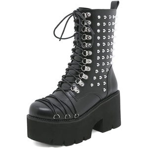 image:imagemikarka Womens Chain Platform Boots Lace Up amp Zipper Chunky Heel Black Combat Ankle Booties Fashion Studded Motorcycle Boots14black