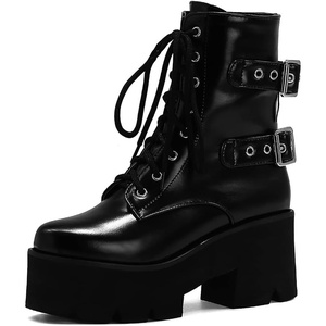 image:imagemikarka Womens Chain Platform Boots Lace Up amp Zipper Chunky Heel Black Combat Ankle Booties Fashion Studded Motorcycle Boots29black Matte