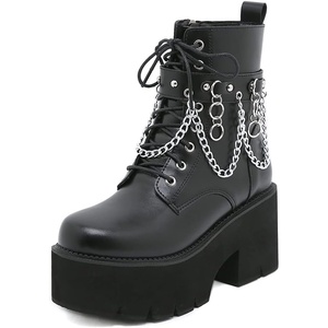 image:imagemikarka Womens Chain Platform Boots Lace Up amp Zipper Chunky Heel Black Combat Ankle Booties Fashion Studded Motorcycle Boots2black