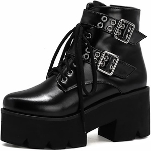 image:imagemikarka Womens Chain Platform Boots Lace Up amp Zipper Chunky Heel Black Combat Ankle Booties Fashion Studded Motorcycle Boots30black Matte