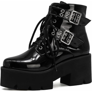 image:imagemikarka Womens Chain Platform Boots Lace Up amp Zipper Chunky Heel Black Combat Ankle Booties Fashion Studded Motorcycle Boots30black Patent