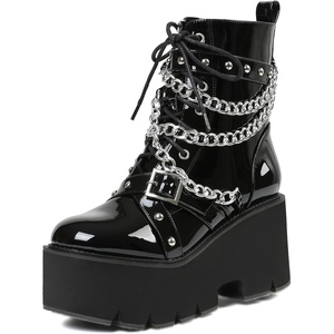 image:imagemikarka Womens Chain Platform Boots Lace Up amp Zipper Chunky Heel Black Combat Ankle Booties Fashion Studded Motorcycle Boots331blackpatent