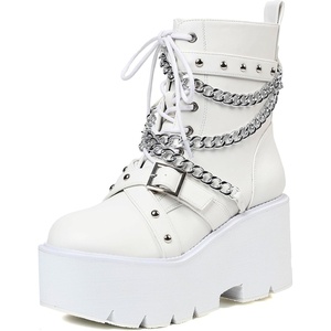 image:imagemikarka Womens Chain Platform Boots Lace Up amp Zipper Chunky Heel Black Combat Ankle Booties Fashion Studded Motorcycle Boots331whitematte