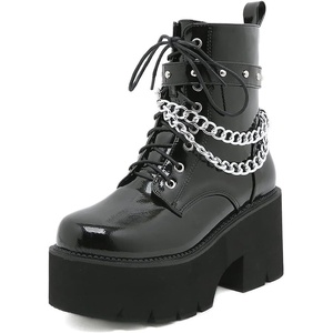 image:imagemikarka Womens Chain Platform Boots Lace Up amp Zipper Chunky Heel Black Combat Ankle Booties Fashion Studded Motorcycle Boots3black