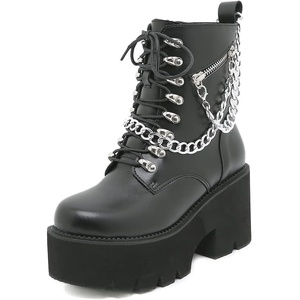 image:imagemikarka Womens Chain Platform Boots Lace Up amp Zipper Chunky Heel Black Combat Ankle Booties Fashion Studded Motorcycle Boots8black