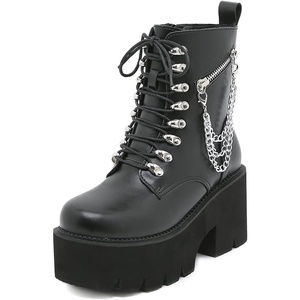 image:imagemikarka Womens Chain Platform Boots Lace Up amp Zipper Chunky Heel Black Combat Ankle Booties Fashion Studded Motorcycle Boots9black