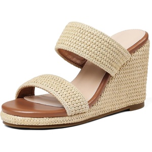 image:imagemikarka Slip On Wedge Sandals for Women Open Toe Espadrilles Platform Slides Dressy High Heel Beach Summer Sandal Comfortable Wedges Shoe MulesBeige Raffia