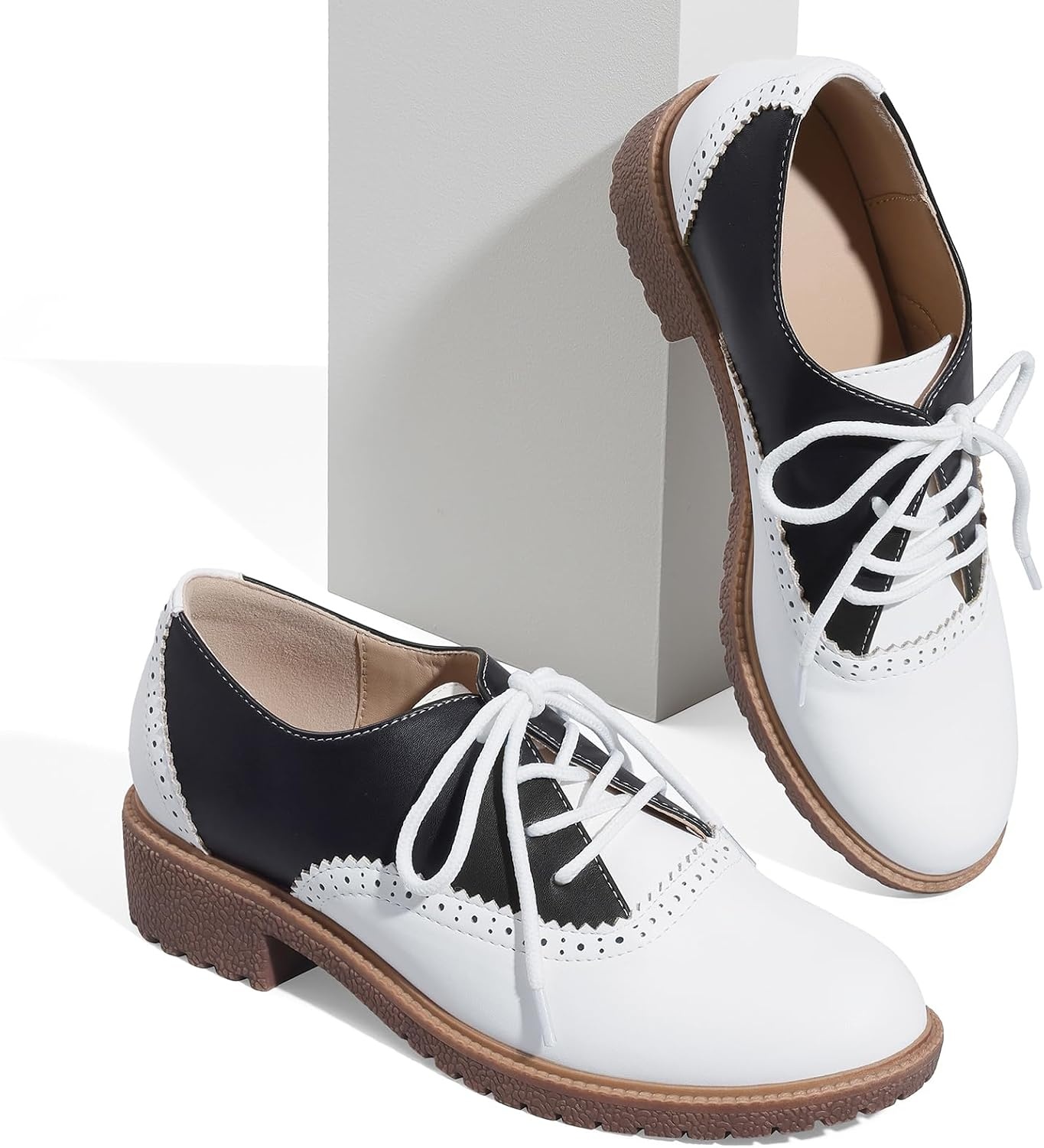 image:imagemikarka Saddle Shoes for Women Vintage 50s Oxfords with Perforated Design  Black White Business Casual Shoes LaceUp Dress Brogues Comfortable Chunky Heel amp Soft Insole Retro Daily OutfitsBlackWhite Matte