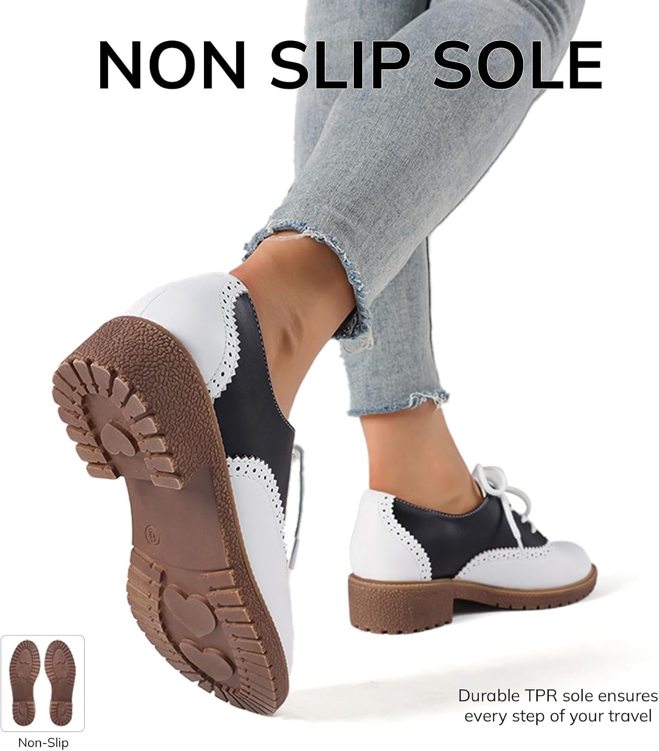 image:imagemikarka Saddle Shoes for Women Vintage 50s Oxfords with Perforated Design  Black White Business Casual Shoes LaceUp Dress Brogues Comfortable Chunky Heel amp Soft Insole Retro Daily OutfitsBlackWhite Matte