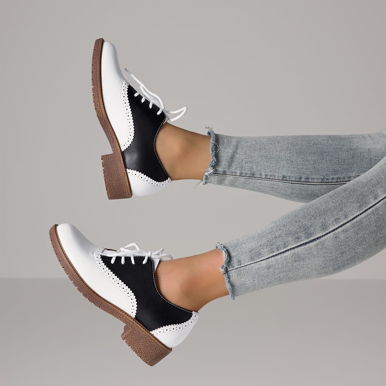 image:imagemikarka Saddle Shoes for Women Vintage 50s Oxfords with Perforated Design  Black White Business Casual Shoes LaceUp Dress Brogues Comfortable Chunky Heel amp Soft Insole Retro Daily OutfitsBlackWhite Matte