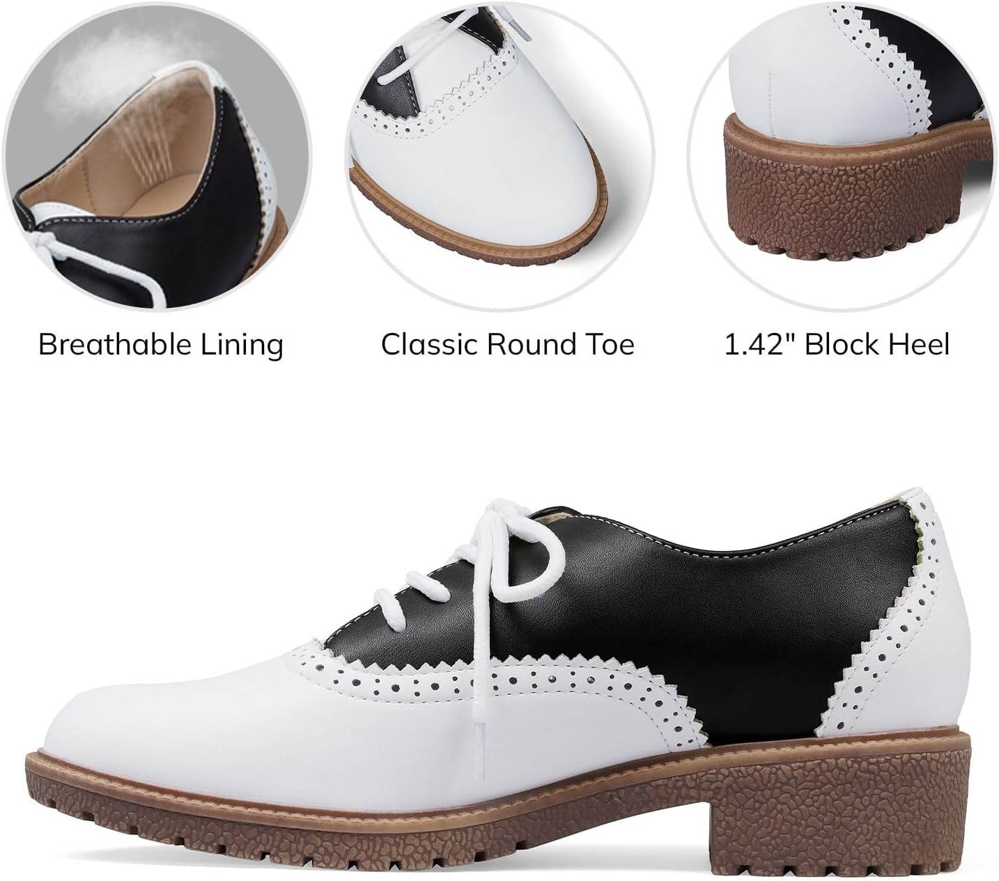 image:imagemikarka Saddle Shoes for Women Vintage 50s Oxfords with Perforated Design  Black White Business Casual Shoes LaceUp Dress Brogues Comfortable Chunky Heel amp Soft Insole Retro Daily OutfitsBlackWhite Matte