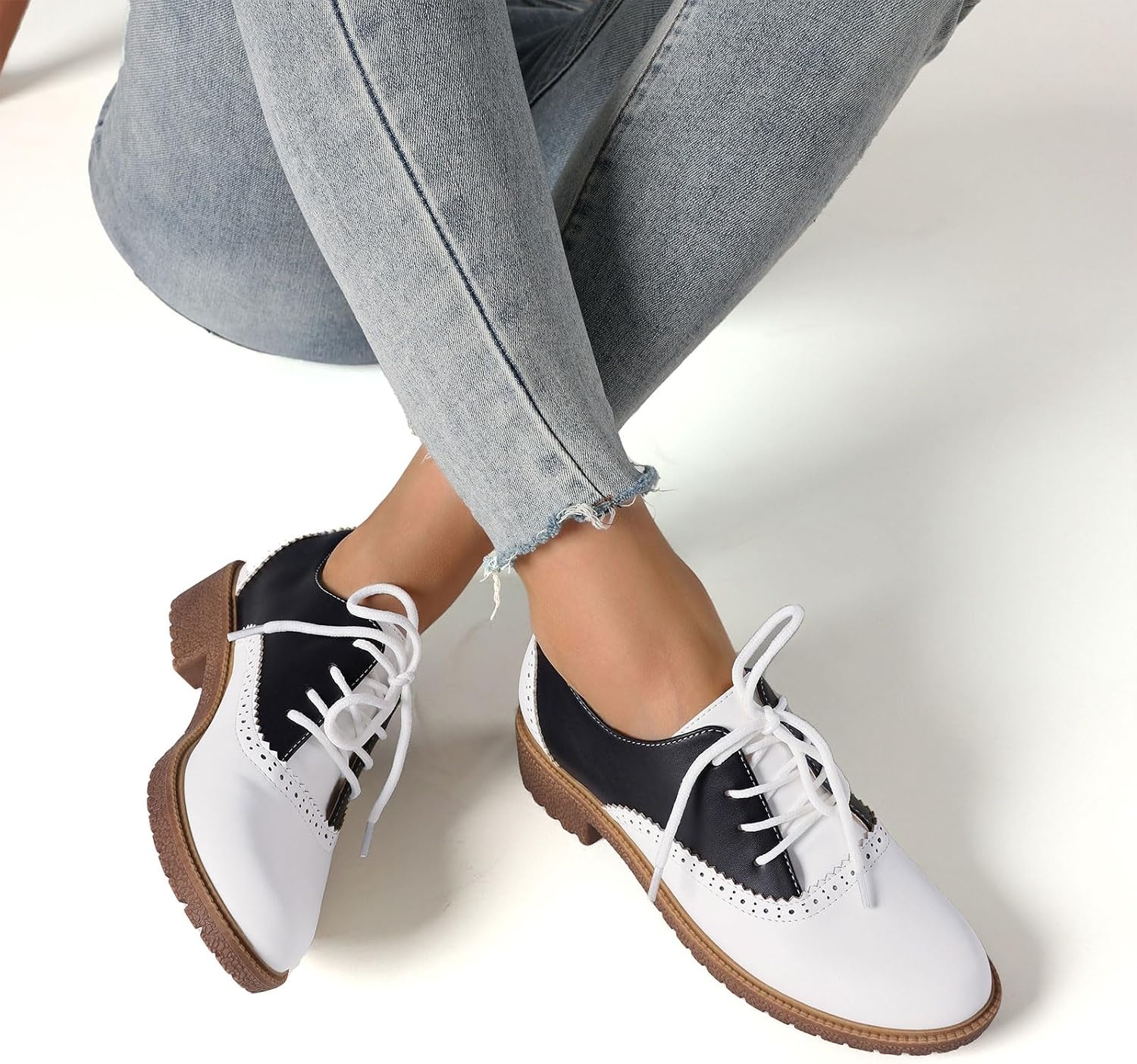 image:imagemikarka Saddle Shoes for Women Vintage 50s Oxfords with Perforated Design  Black White Business Casual Shoes LaceUp Dress Brogues Comfortable Chunky Heel amp Soft Insole Retro Daily OutfitsBlackWhite Matte