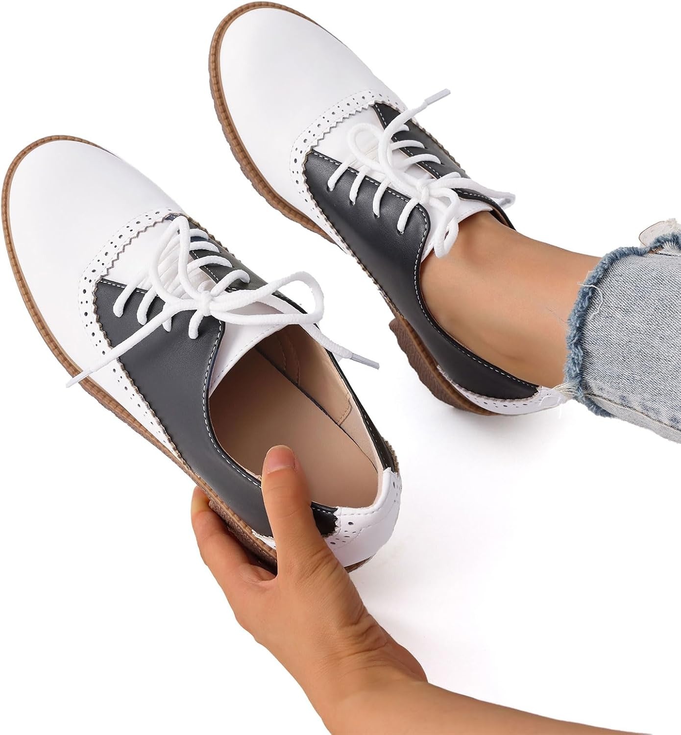 image:imagemikarka Saddle Shoes for Women Vintage 50s Oxfords with Perforated Design  Black White Business Casual Shoes LaceUp Dress Brogues Comfortable Chunky Heel amp Soft Insole Retro Daily OutfitsBlackWhite Matte