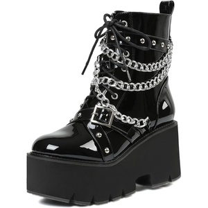 image:imagePlatform Boots for Women  Womens Combat Boots with Chain Design  Comfortable Goth Boots Lightweight Chunky Heel Booties LaceUp amp Zipper Closure Roomy Round Toe High Platform Ankle Boots331blackpatent