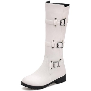 image:imagemikarka Womens Fur Lined Knee High Motorcycle Riding Boots Wide Calf Winter Boots with Metal Buckle5white
