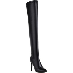 image:imagemikarka Womens Winter Faux Leather Over The Knee High Boots For Women Pointy Toe Zipper Stiletto High Heel Thigh High Boots3black