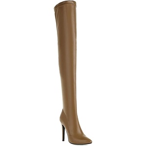 image:imagemikarka Womens Winter Faux Leather Over The Knee High Boots For Women Pointy Toe Zipper Stiletto High Heel Thigh High Boots3brown