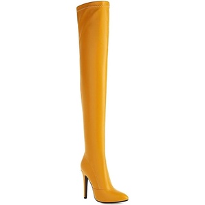 image:imagemikarka Womens Winter Faux Leather Over The Knee High Boots For Women Pointy Toe Zipper Stiletto High Heel Thigh High Boots3yellow